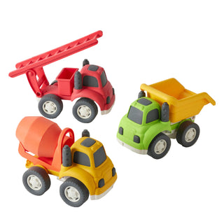 Three colorful toy construction vehicles on a white background