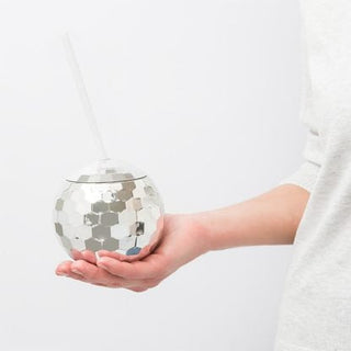 reuseable silver disco ball cup with straw