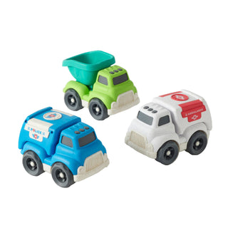 Set of toy trucks including a police car, dump truck, and ambulance on a light gray background