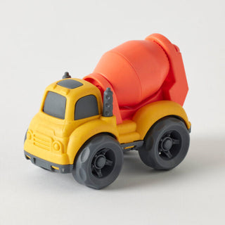 Toy cement mixer truck with red mixing drum on a light gray background