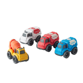 Four toy construction vehicles on a light gray background