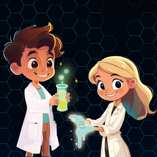 Two cartoon children in lab coats conducting a science experiment against a dark blue hexagonal pattern background.