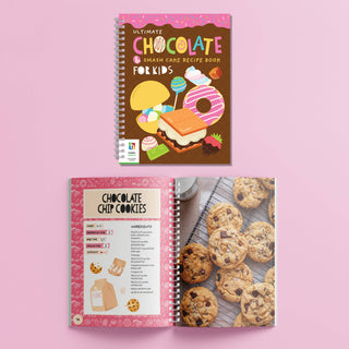 Chocolate cake recipe book for kids on a pink background