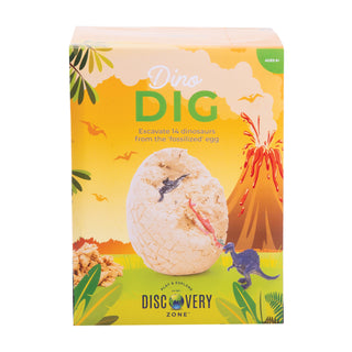 Dino Dig toy packaging with dinosaur egg and volcano on a yellow background