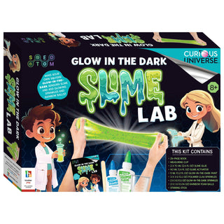 Box of Glow in the Dark Slime Lab kit with images of children and slime components.