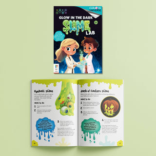 Glow in the dark slime lab book with instructions on a light green background