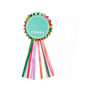 Colorful ribbon badge with 'TODAY' and stickers to customise text on badge on a white background