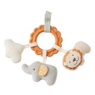 Baby teething ring with lion and elephant designs on a white background