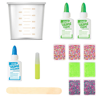 Slime-making kit with measuring cup, glue bottles, activator, and colorful ingredients on a white background.