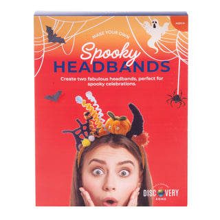 Spooky headbands craft kit with Halloween-themed packaging and a person wearing the headbands.