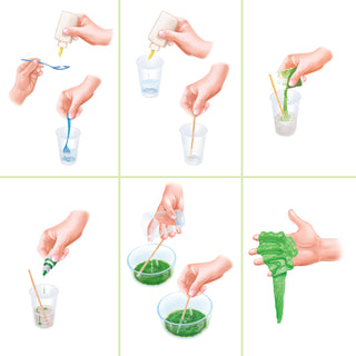 Step-by-step process of making green slime with hands and ingredients.