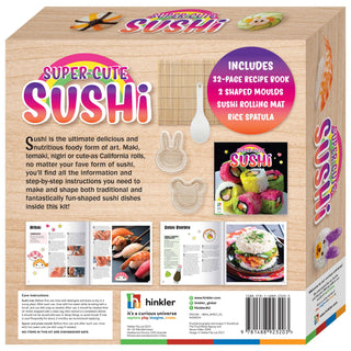 Super-Cute Sushi kit packaging with recipe book, molds, and spatula on a wooden background