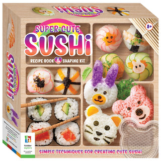 Super-Cute Sushi recipe book and shaping kit packaging with various sushi-shaped toys.