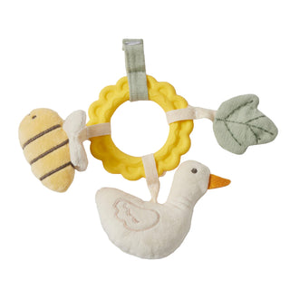 Baby teething ring with duck, bee, and leaf toys on a light gray background