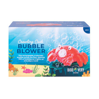 Box of a bubble blower toy with a crab design on a white background