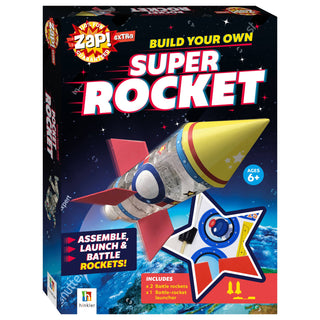 Zap! Extra build your own super rocket kit packaging with rocket illustration and space-themed design.