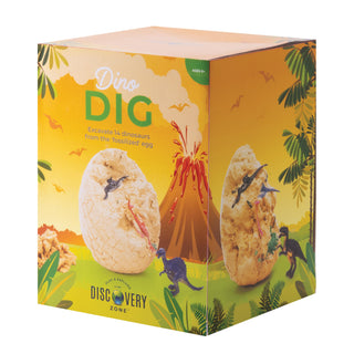 Box of 'Dino Dig' toy with dinosaur eggs and volcano design on a yellow background