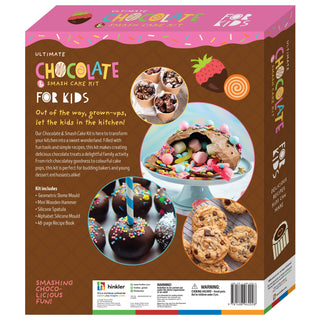 Chocolate smash cake kit packaging for kids with images of cake and ingredients on a brown background.