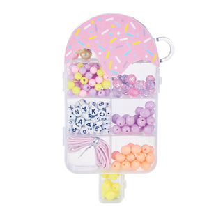 Colourful bead set in an ice cream shaped case on a white background