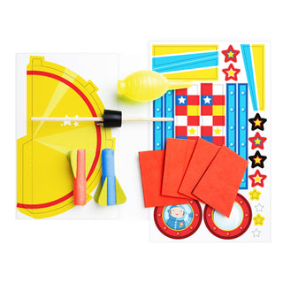 Children's toy set with a yellow target, darts, and game cards on a white background