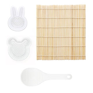 Bamboo sushi rolling mat with two rice paddles and a rice spoon on a white background