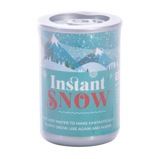 Canister labeled 'Instant Snow' with mountain and snowflake design on a white background