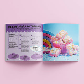 Open book showing a recipe for no-bake sparkly unicorn fudge with colorful illustrations on a pink background.