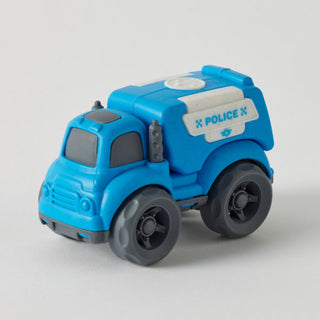 Blue toy police truck on a light gray background