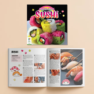 Open cookbook showing a recipe for sushi with colorful illustrations on a beige background