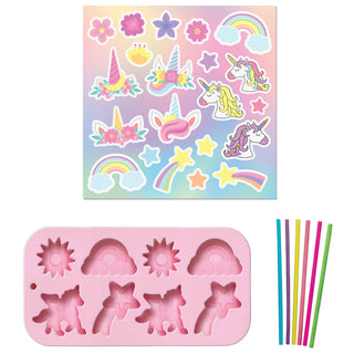 Unicorn-themed silicone mold with colorful sticks on a white background