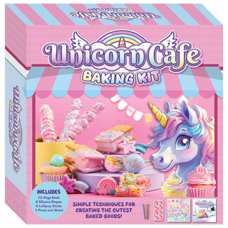 Unicorn Cafe baking kit packaging with a unicorn and pastries on a pink background
