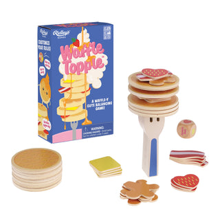 Waffle Topple game set with packaging, waffles, and balancing stand on a white background