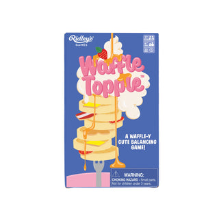 Waffle Topple game box with waffle illustration and blue background