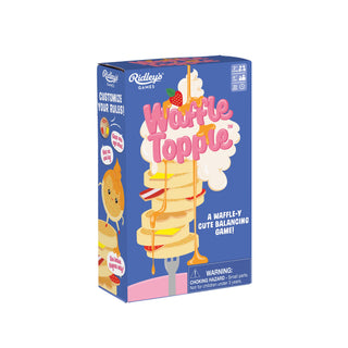 Waffle Topple game box with blue background and waffle design